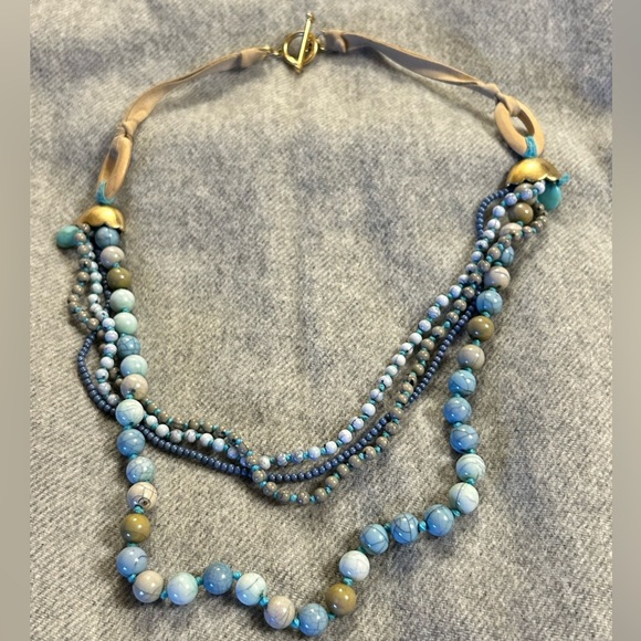 Pressed Turquoise 4 stranded Beaded Necklace with leather & wood Accents 24” - Picture 4 of 10